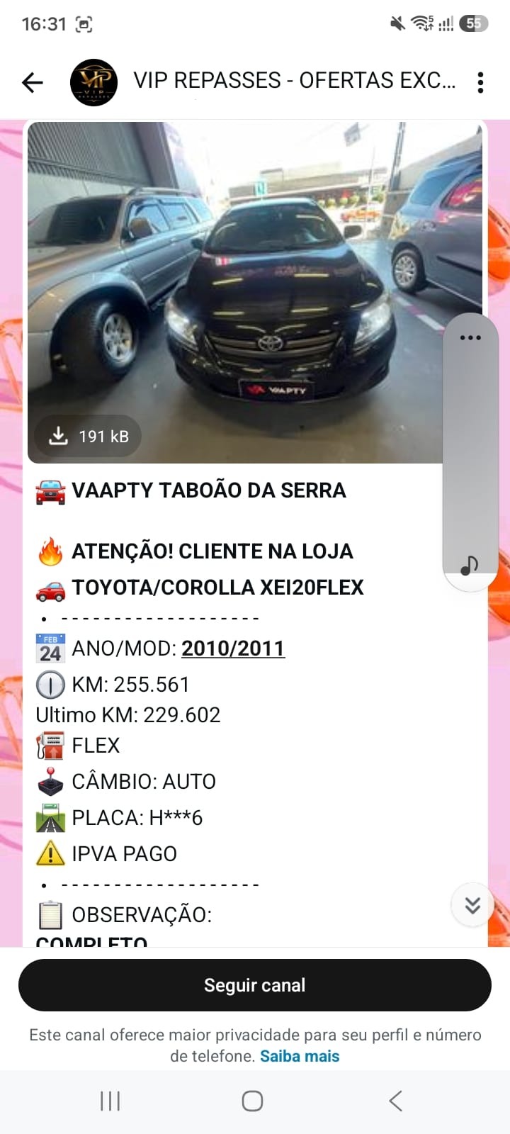 Print real do canal VIP Repasses com oportunidade de Toyota Corolla