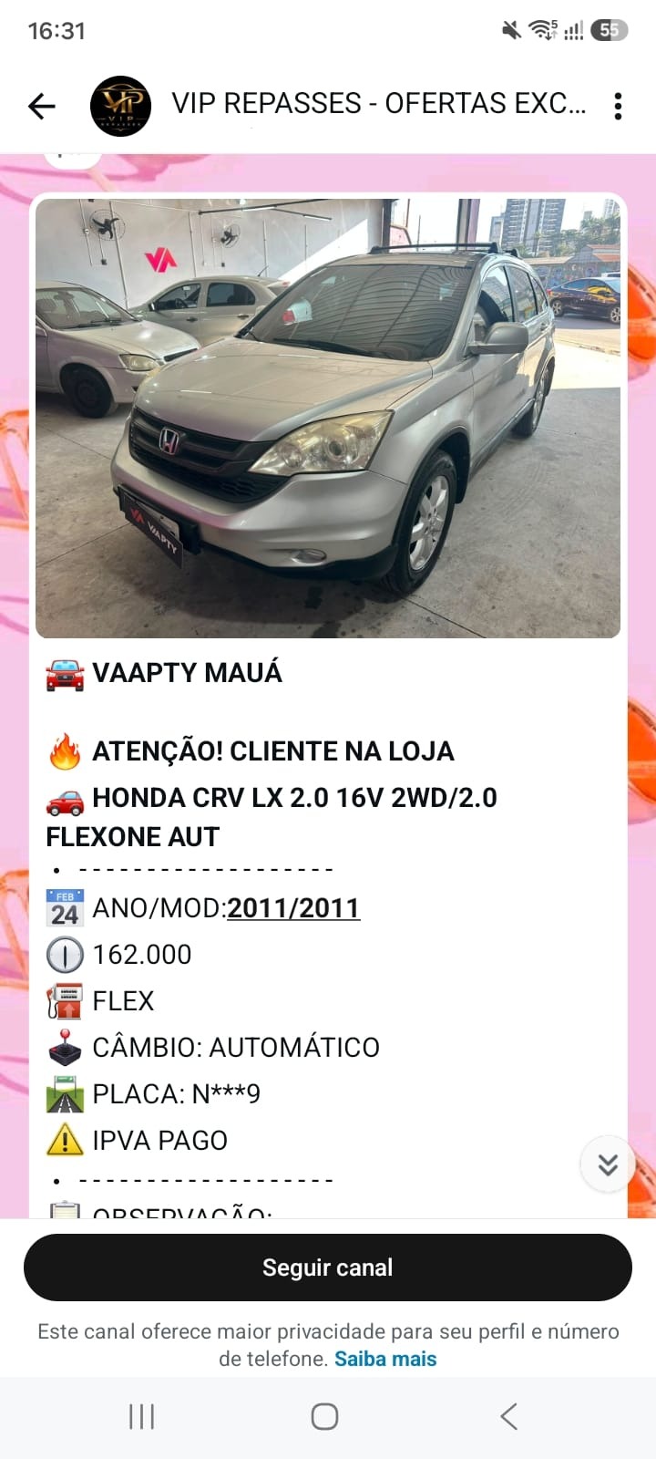 Print real do canal VIP Repasses com oportunidade de Honda CRV
