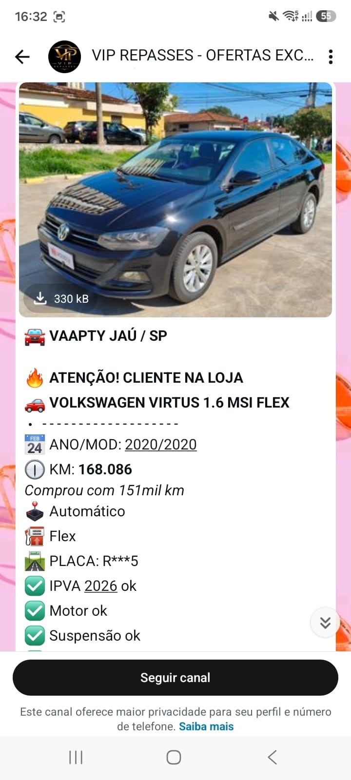 Print real do canal VIP Repasses com oportunidade de VW Virtus